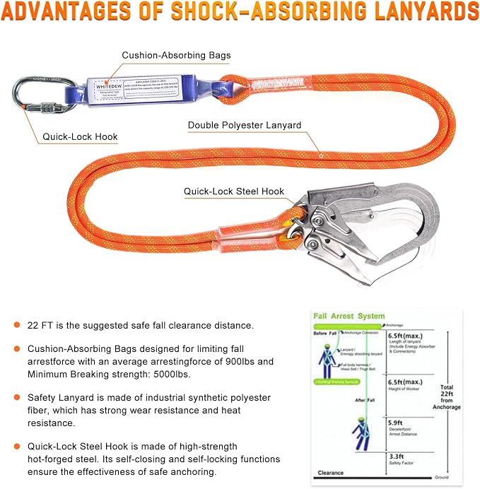 Safety Harness Fall Protection Kit with Shock Absorbing Lanyard, Roofing Work Harnesses Full Body Safety Harness for Construction (Orange)