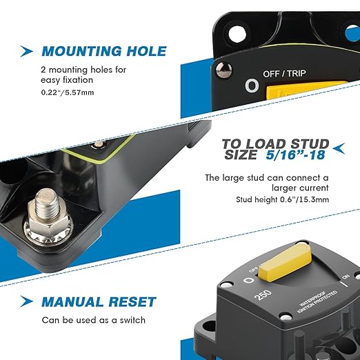 GLOSO Circuit Breaker Switches Manual Reset Waterproof Audio Radio Solar System Boat Truck Marine Automotive Stud 5/16“ Surface Mount 60A