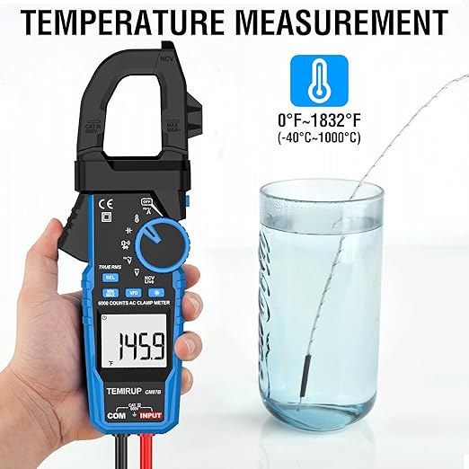 Digital Clamp Meter Multimeter - TEMIRUP Auto-ranging 6000 Counts Amp Voltage Tester with D-Shaped Jaw VFD Mode, Measuring NCV, AC/DC Voltage AC Current Temperature Capacitance Resistance Continuity