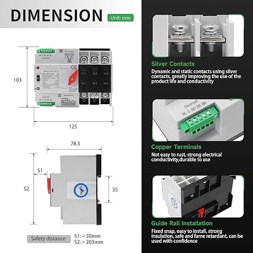 63Amp AC110V Automatic/Manual Transfer Switch 3P 50/60Hz, 3POLE 63A Mini ATS Solar Auto Dual Power Switch W2R for Home Generator, Din Rail Mount Cn Automatic Changeover Fast Transfe for,Rv,Lv Power