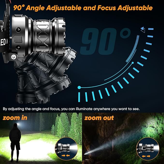 Rechargeable Headlamp Super Bright, Dual Color White & Warm Light Head Lamp, High Lumens Zoomable Head Light, 90° Adjustable, IPX7 Waterproof Head Torch for Camping Hiking Fishing Work