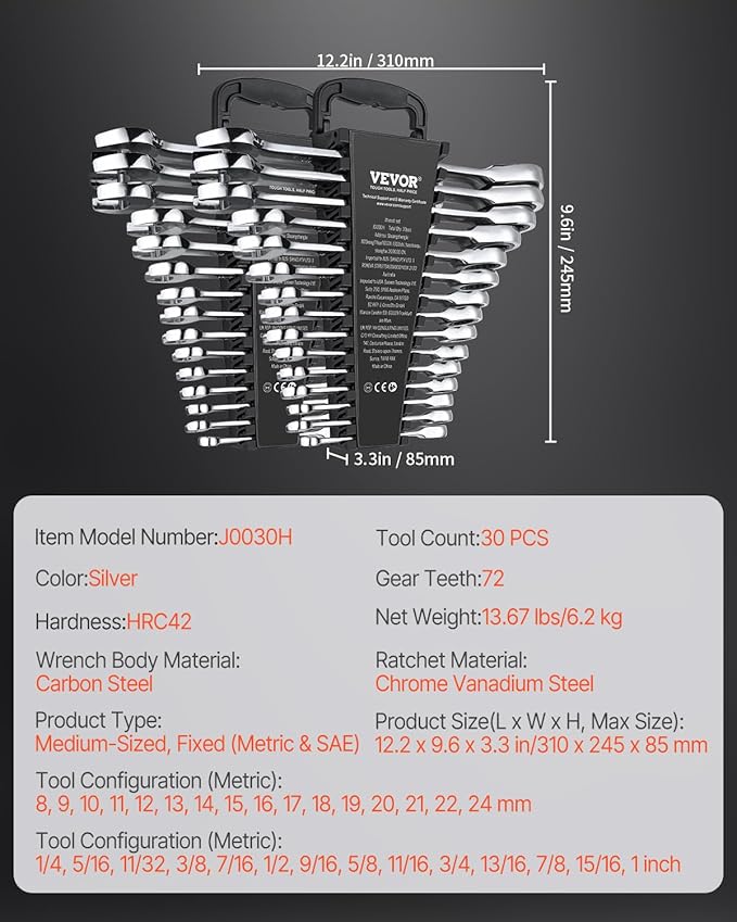 VEVOR Combination Wrench Set, 30-Piece Ratcheting Wrench Set with Organizer Rack, Cr-V Steel Wrench Set SAE 1/4" to 1", Metric 8 mm to 24 mm, Ideal for General Household, Garage, Workshop, Emergency