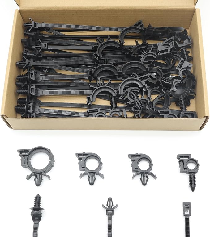Universal Push Mount Cable Zip Tie with Automotive Wire Loom Clips Kit, Car Engine Bay Replacement Parts for Trucks Cars (50pcs)