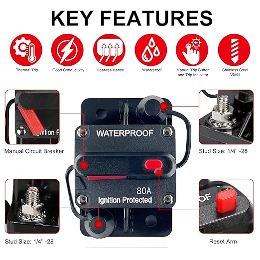 80 Amp Circuit Breaker Resettable Fusewith Manual Reset Switch Button Waterproof 12V-48V DC for Boat Trolling Motor Marine ATV Trailer Vehicles Stereo Audio Electronic Battery Solar System
