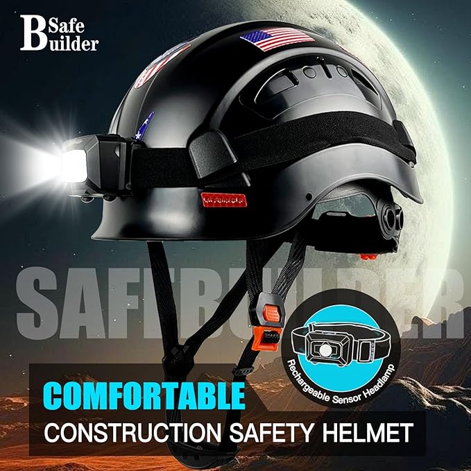 Construction Safety Helmet with Headlight Hard Hat Headlamp Adjustable Ventilation Hardhats Work Head Protection Certified ANSI/ISEA Z89.1