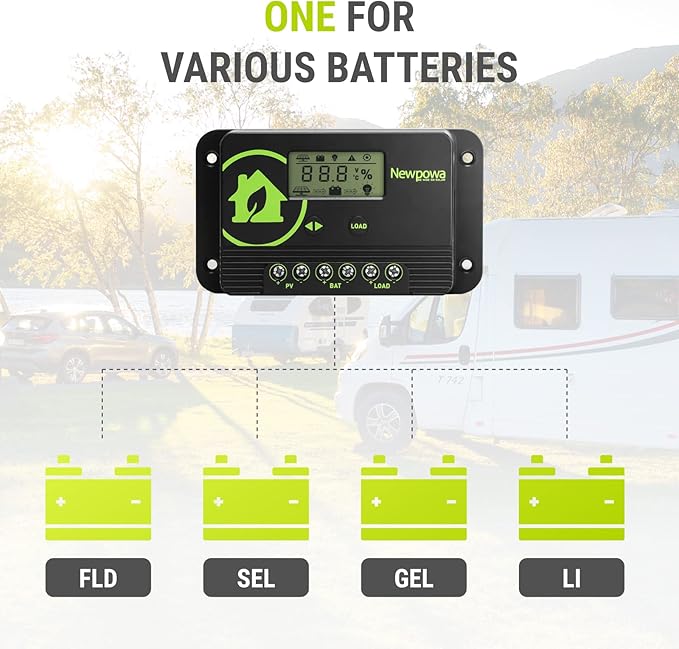 Newpowa 10A Solar Charge Controller - 12V/24V PWM Compact Design LCD Display Off Grid Solar Panel Adjustablefor AGM, Gel, Flooded and Lithium Battery