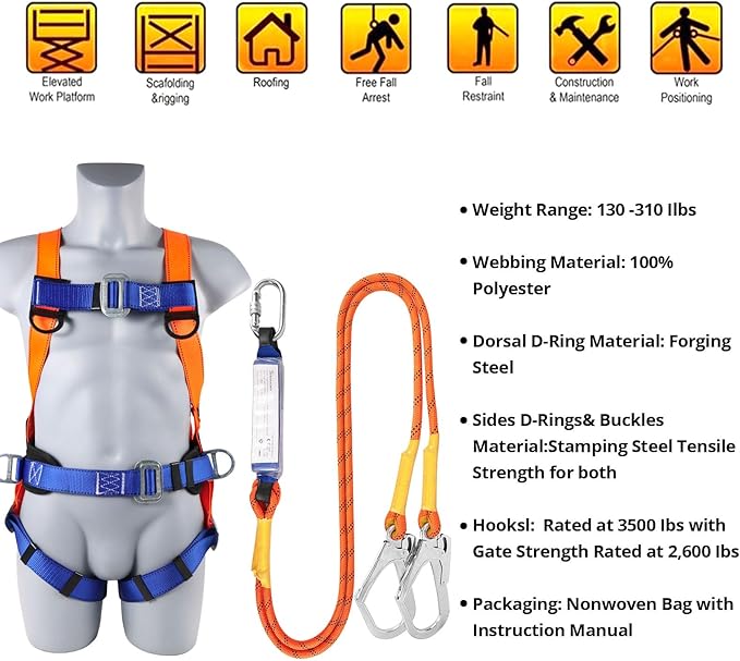 Safety Harness Fall Protection Kit: Full Body Roofing harnesses with Shock Absorbing Lanyard - Updated Comfortable Waist Pad