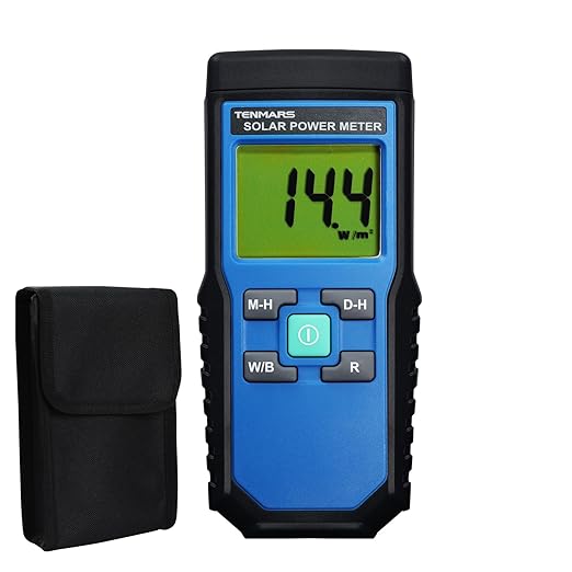 Solar Power Meter, Handheld Solar Irradiance Meter Solar Energy Meter, Digital Solar Power Meter with 2000 W/m2, 634 BTU / (ft2 · h) Measuring Range and MAX/MIN/Data Hold Function