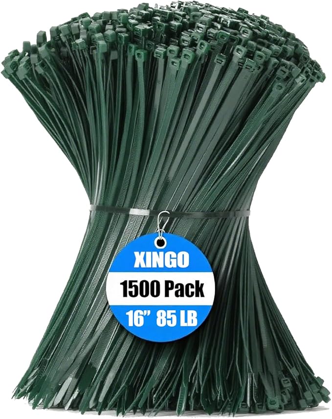 XINGO 16 Inch Garden Green Zip Ties 1500 PCS, 85 LBS Tensile Strength, UV Resistant Cable Ties, Premium Self-locking Plastic Ties for Indoor and Outdoor Use