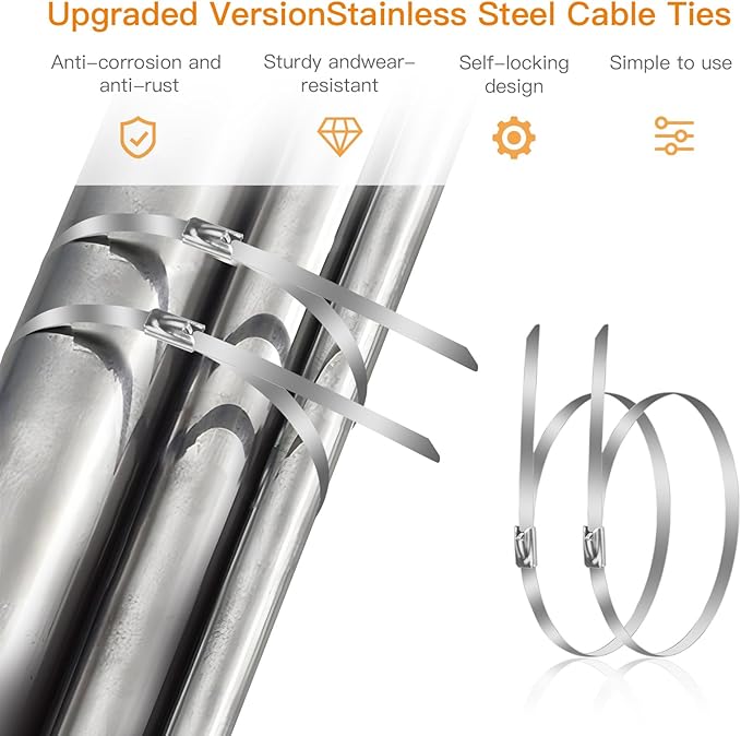 100 Pcs Metal Zip Ties 11.8 inch 304 Stainless Steel Zip Ties Heavy Duty Outdoor Multi-purpose Self-locking Cable Ties for Exhaust Wrap, Chain Link Fence, Machinery, Vehicles,Farms, Pipes