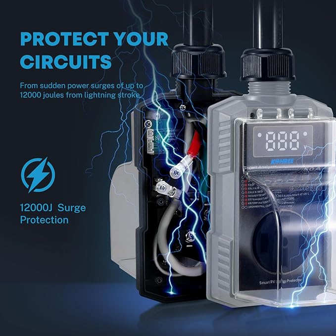 Kohree RV Surge Protector 50 Amp with High/Low Voltage Protection, 12000 Joules 50 Amp RV Surge Protector Waterproof, Smart Circuit Analyzer w/LED Display for RV Camper, Gray