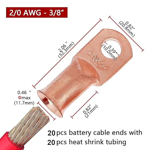 TKDMR 20pcs 2/0 AWG-3/8 Battery Lugs,Heavy Duty Wire Lugs,Ring Terminals,Battery Cable Ends,00 Guage terminals,Battery Terminal Connectors with 20pcs 3:1 Heat Shrink Tubing