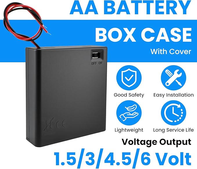 SDTC Tech 4-Pack 1/2/3/4 x AA Battery Holder with Switch Cover Wire Leads | 1.5/3/4.5/6 Volt Battery Case Box Kit | for Led Circuit Experiment Doorbell