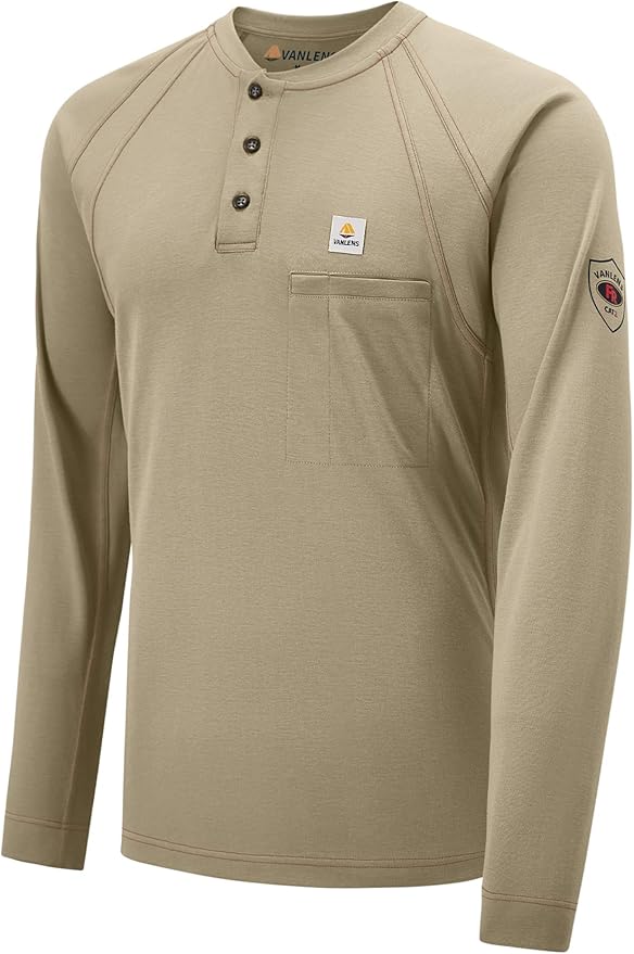 FR Shirts for Men Light Weight Flame Resistant Henley Shirts Long Sleeve Shirts HRC2/CAT2 6.5oz 100% Cotton