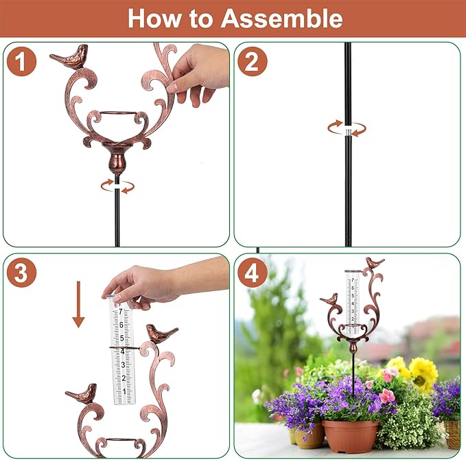 Rain Gauge Outdoor, Cast Iron Bird Rain Gauge - 7" Capacity Plastic Rain Gauge Freeze Proof with Metal Stake Decorative for Garden Yard Patio & Lawn with Large Readable Numbers