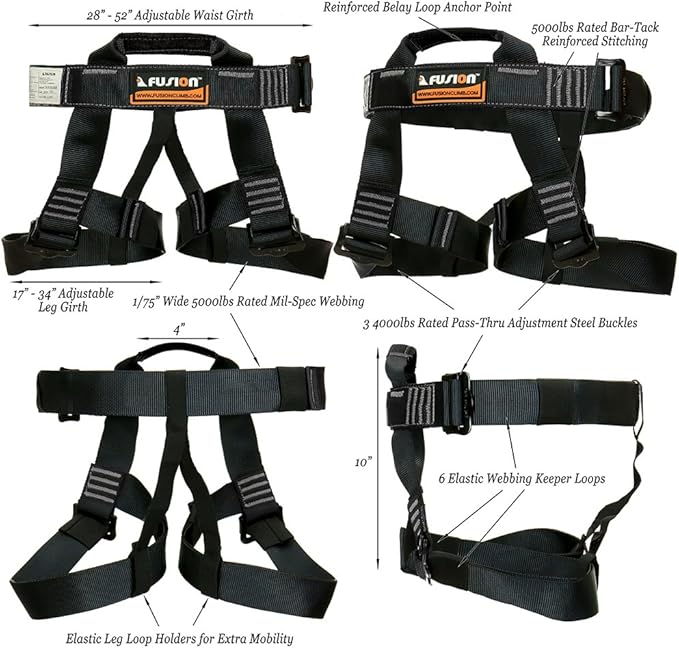 Rock Climbing Harness - Fusion Climb® - (5,000 LBS Rated) Professional Half Body Harness for Mountaineering, Tree Climbing, Ziplining, Rock Climbing, Rappelling- Heavy Duty Half Body Harness