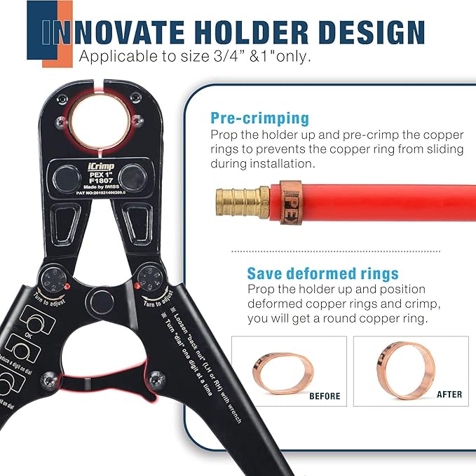 iCrimp F1807 Copper Ring Crimping Tool Kit for 3/8,1/2,3/4,1-inch- Free Removal Tool& Pex Pipe Cutter&Gauge- For All US F1807 Standards