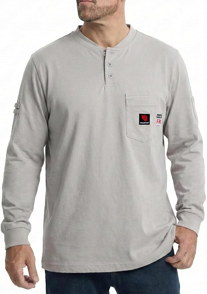 ARCCAPTAIN FR Shirts for Men 8oz 100% Cotton Fire Resistant Henley Shirt CAT2 NFPA2112 Welding Work Long Sleeve Clothing