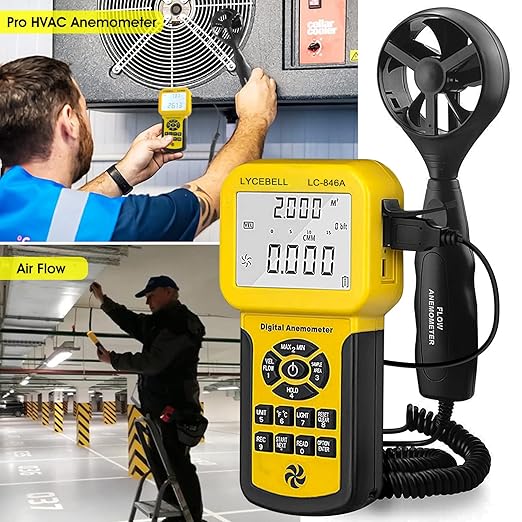 HVAC Anemometer Handheld CFM Meter LC-846A Wind Speed Meter with Back Light, MAX/MIN/AVG for Measure Air Flow Velocity Temp(Suitcase Included)
