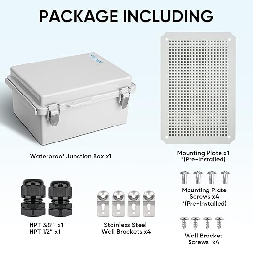 TICONN Outdoor Electrical Box Waterproof, Junction Box IP67 ABS Plastic Enclosure with Hinged Cover with Mounting Plate, Wall Brackets, Cable Glands (Off-White, 11"x7.5"x5.5")