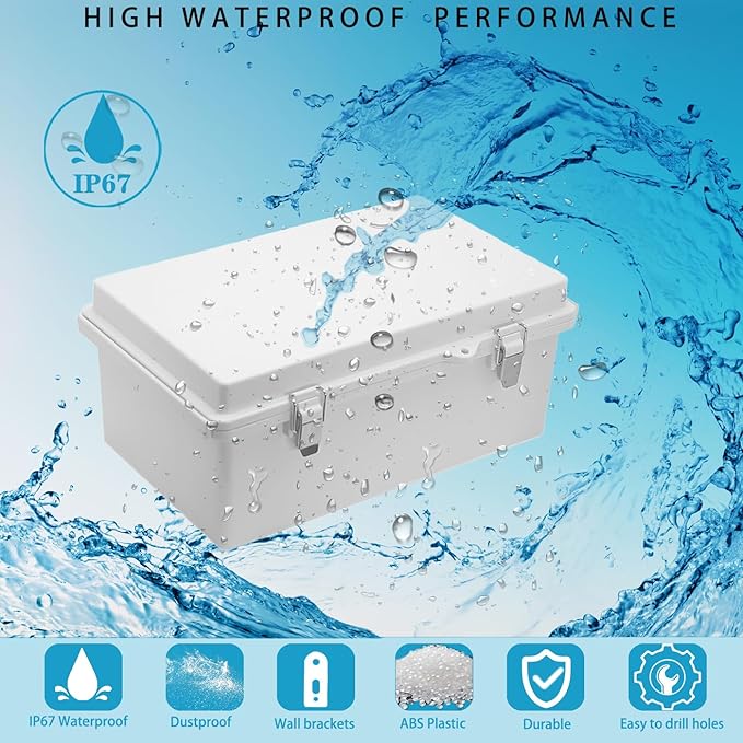 Waterproof Outdoor Electrical Junction Box Weatherproof IP67 ABS Plastic Enclosure Switch Router Project Box with Mounting Plate with Wall Bracket 2 Cable Glands Grey 10.23" x 6.3" x 3.94"