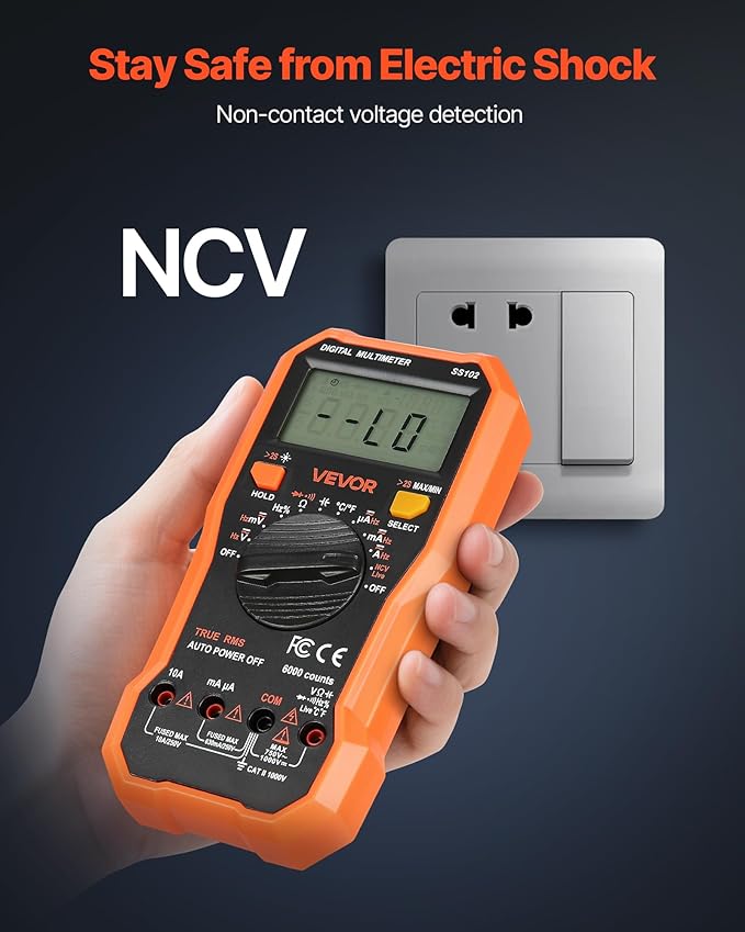 VEVOR Digital Multimeter, 6000-Count TRMS DC/AC Voltmeter Current Tester, Professional NCV Multimeter for Current Voltage Resistance Capacitance Duty-Cycle Tempetature Diodes Continuity Live Wire Test