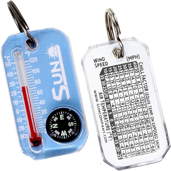 Sun Company Therm-o-Compass | Multi-Functional Zipper Pull Compass & Thermometer with Wind Chill Chart | Ideal for Camping, Hiking, and Outdoor Navigation