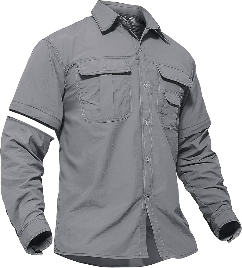 TACVASEN Men's Convertible Long Sleeve Fishing Shirts Lightweight Quick Dry Button Up Tactical Sun Shirts for Safari Hiking