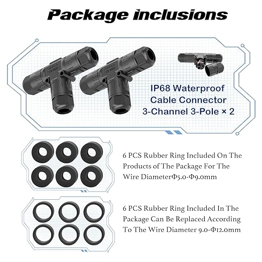 3 Pole Wire Connector Waterproof IP68 External Electrical Junction Box, Electrical Cable Connector, Easy to Install，M20 for Ø5-12mm Wire Range(AC 450V, 16A),UL,3 Way 3Pin 2Pack