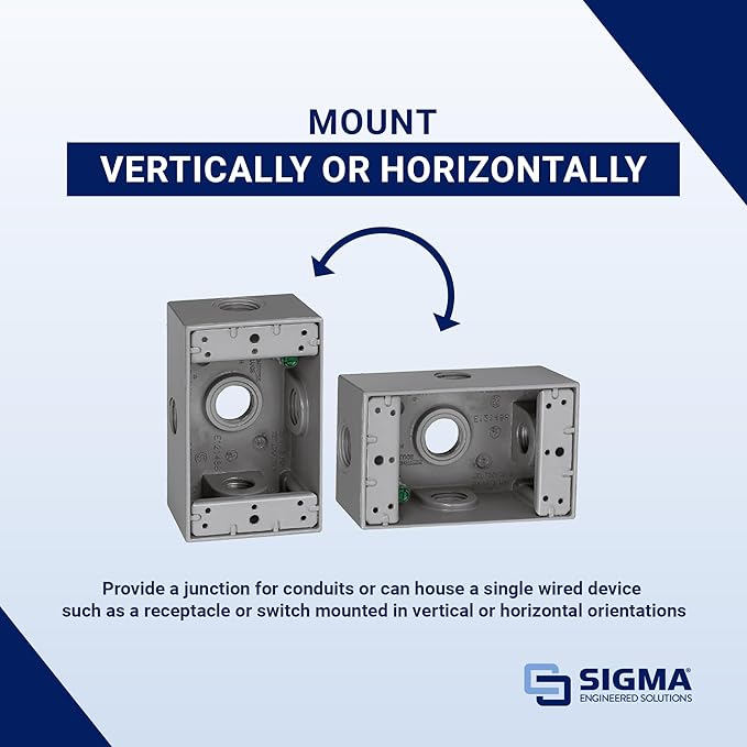 SIGMA ENGINEERED SOLUTIONS 14251-5X Metal Electrical Outlet Box, Weatherproof, Easy Mount Plug and Receptacle Protector, Gray, (5) 1/2-Inch Holes, 1 Gang Box with Side Entry