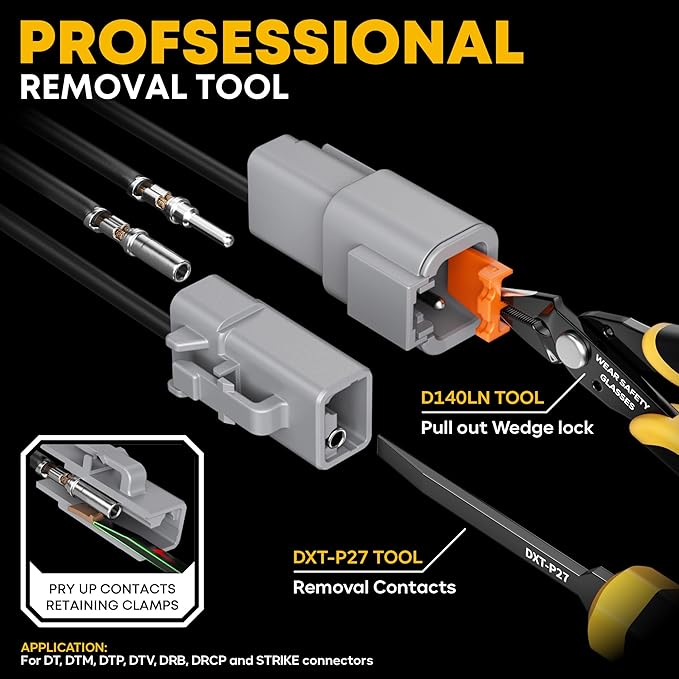 DTP Connector Crimping Tool Kit, 1/2/4/6 Pin 25A Waterproof Automotive Electrical Connectors, Size 12 Stamped Contacts (14-10 AWG), Ratcheting Crimper & Removal Tool, Compatible Deutsch DTP