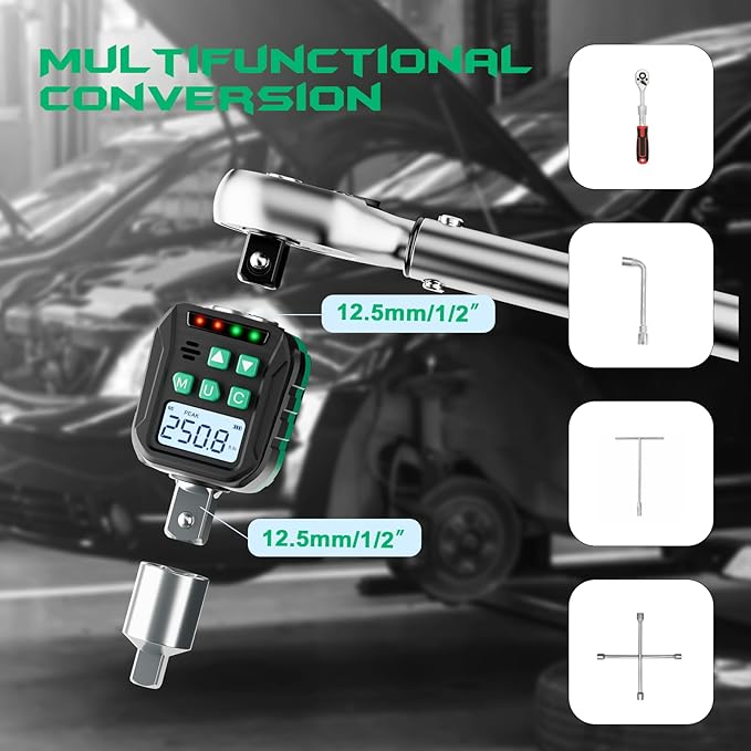 1/2-Inch Digital Torque Adapter, 12.54-250.8 Ft.lb/17-340 N.m, Electronic Torque Wrench Converter with ±2% Accuracy, Preset Function, Data Storage, 3/8” & 1/4” Adapter for Bike, Moto, Car
