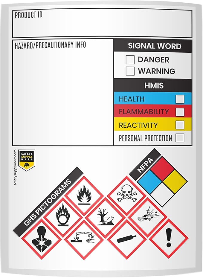 Performore SDS OSHA Chemical Safety Labels | 3x4 Inch MSDS Stickers with GHS HMIS Pictograms |Industrial OSHA‑Compliant Safety ID Tags | 100 Stickers Per Roll