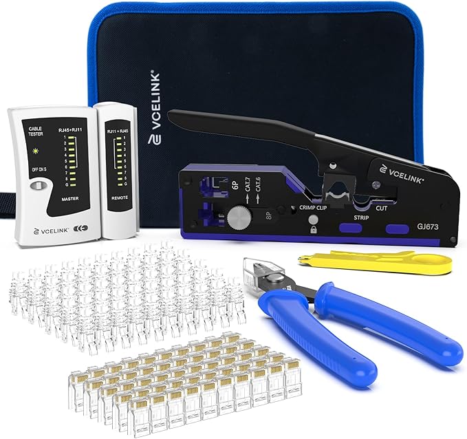 VCELINK RJ45 Crimp Tool Kit for CAT7/6A/6/5E/5, Upgraded Network Tool Set with an Ethernet Crimper, 50 RJ45 Connectors & Boots, Cable Tester, Wire Stripper and Cutter in a Cloth Bag
