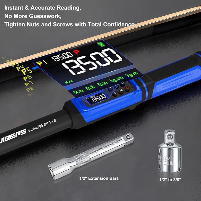 1/2" Digital Torque Wrench 1.5-99.56 Ft-lb (2-135 Nm), Electronic Inch Pound Torque Wrench with 3/8" Adapter, 5 Units ±1% Accuracy with Buzzer & LED Alerts for Car Bike Moto