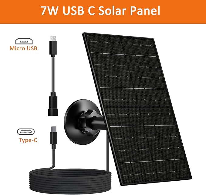 Zivif Solar Panel for Security Camera, 7W Solar Charger with Micro USB & USB-C Port, IP65 Waterproof USB C Solar Panel for 5V Rechargeable Battery Security Cameras, with 360° Adjustable Mount (Black)