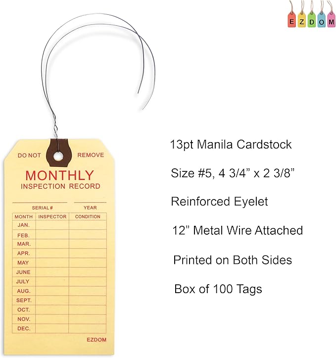 Fire Extinguisher Monthly Inspection Tags - 4 3/4" x 2 3/8" - Box of 100 Manila Service Tags with Wire Ties Attached for Indoor Only