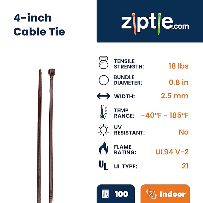 ZipTie.com 4-inch Dark Brown Multi-Purpose Cable Tie, 18-lb Tensile Strength, UL 21 Listed, 100-Pack