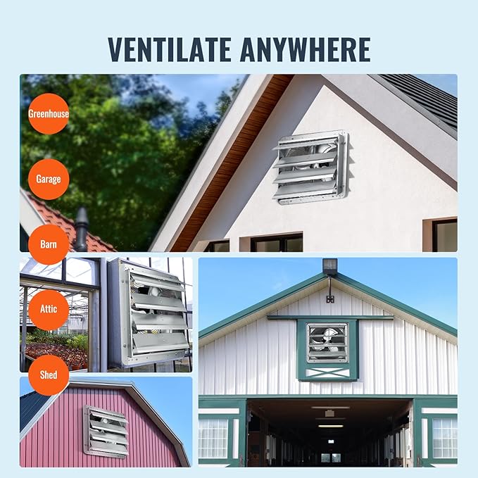 VEVOR Shutter Exhaust Fan, 16'' with Various Speeds, AC-motor, 2000 CFM, Wall Mount Attic Fan, Ventilation and Cooling for Greenhouses, Garages, Sheds, FCC
