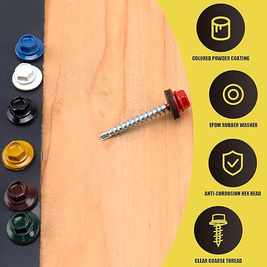 250pcs #10 x 1-1/2" Blue Hex Head Self-Drilling Metal Roofing Screws, EPDM Washer, Colored Head, Wood Screws, Sheet Metal Roof Screw with Hex Driver Bit (Blue, 1-1/2 in)
