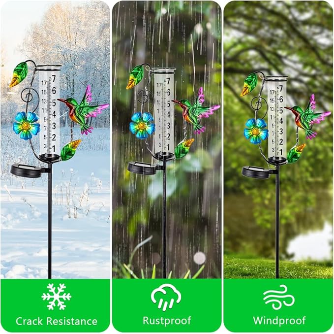 Hummingbird Rain Gauge Outdoor,Decorative Rain Gauges with LED Solar Lights,7” Glass Tube Rain Gauge Freeze Proof for Garden Patio Lawn