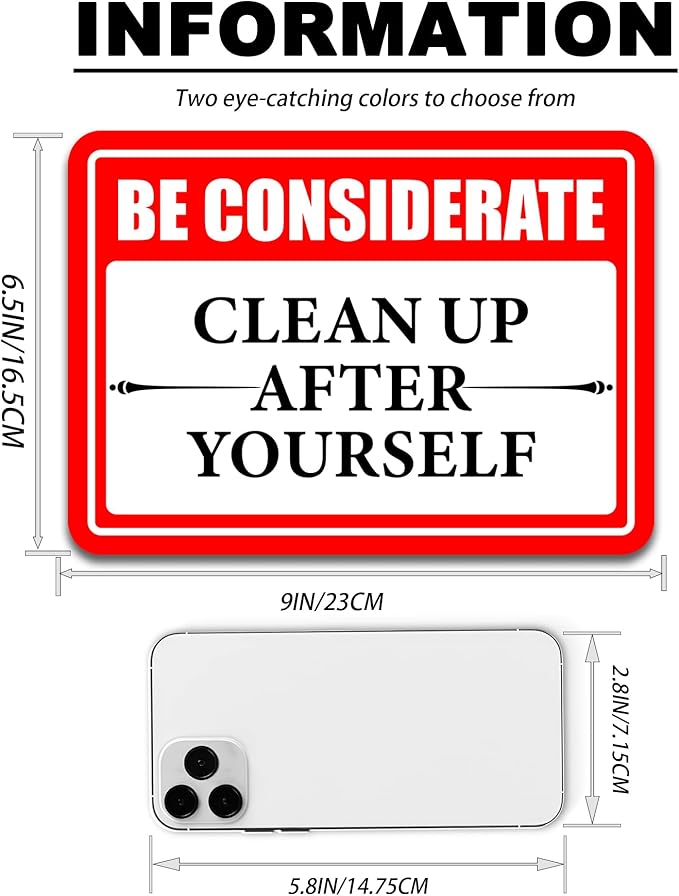 Clean Up After Yourself Sign, Self-Adhesive Waterproof Be Considerate Clean Up After Yourself Sign for Bathroom and Kitchen Keep This Area Clean Rules Sticker for Home, Restroom
