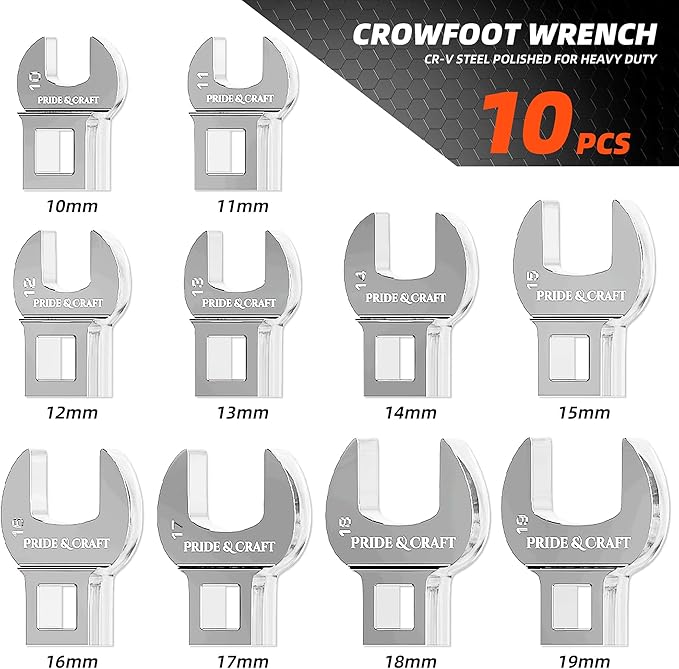PRIDE&CRAFT 14-Piece Crowfoot Wrench Set, 3/8 Inch Drive Click Torque Wrench with Metric Crowfoot Wrench Heads (10-19mm), 2 Extension Bars, 1/2”F - 3/8”M Universal Joint, One Set for All Purposes
