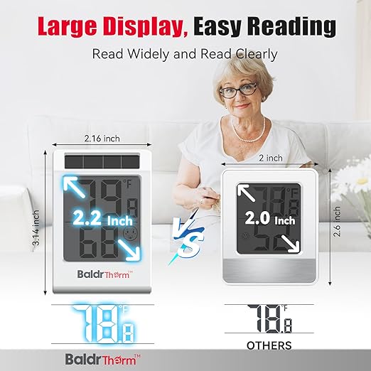 BaldrTherm 2.2'' Digital Thermometer and Hygrometer Meter, Solar-Powered Indoor Temperature Sensor Humidity Monitor, Humidity Gauge for Baby Rooms, Bedrooms, Home, Office, and Wine Cellars, 1Pack