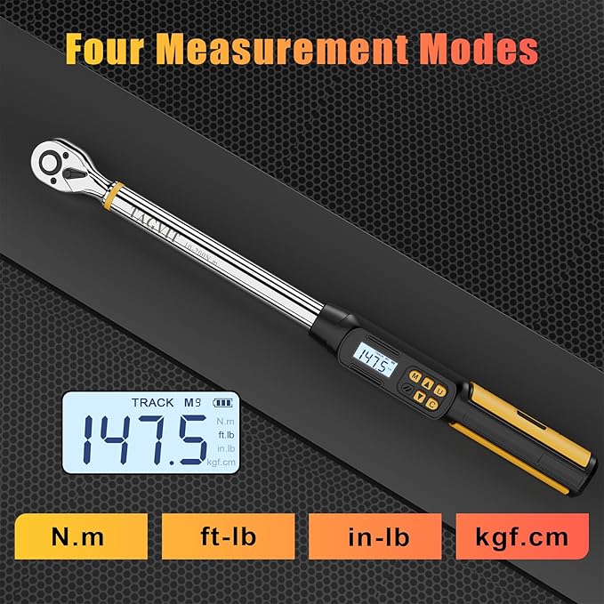 Digital Torque Wrench 1/2 Inch Drive, 17.38-147.5Ft-lb/10-200Nm, Electronic Torque Wrench, ±2% High Accuracy with with Preset Value, Data Storage, Buzzer and LED Flash Notification for Car