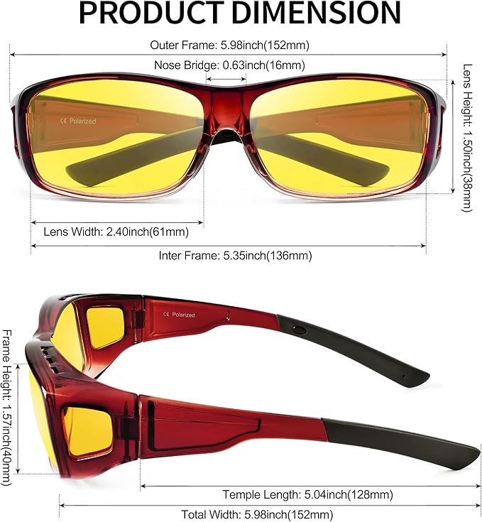 URUMQI Night Vision Driving Glasses Fit Over Eyeglasses for Men Women, Anti Glare Polarized Nighttime Glasses Yellow Lens