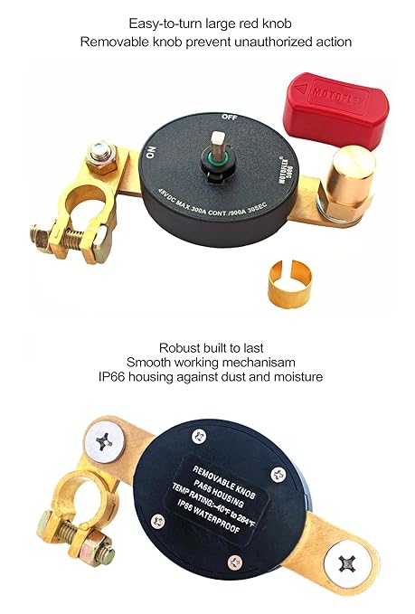 Battery Disconnect Switch 12V-48V Top Post Battery Quick Disconnect, Battery Cut Off Switch for Car Truck RV Boat Heavy Duty 300A/900A (Compact Size, On/Off, Removable Knob)