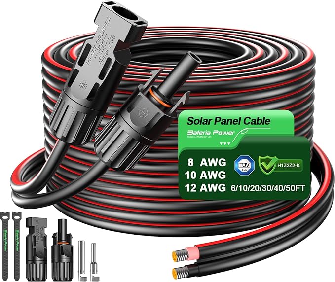 Bateria Power 6 Feet 10AWG Solar Panel Extension Cable, 6mm² Twin Wire Conductor Parallel Solar Wire Adapter Kit with Waterproof Female & Male Solar Connectors for RV, Marine, Photovoltaic Systems