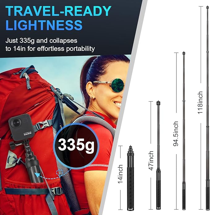 36cm Extended 3m (118'') Super Long Carbon Fiber Invisible Selfie Stick for Insta360 X5 Insta 360 X5 X4 X3 X2 ONE R RS for Gopro Go pro max for DJI OSMO 360 Accessories (Black)