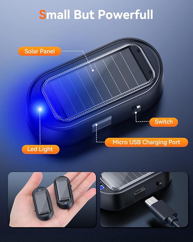 Car Solar Power Simulated Dummy Alarm, Vehicle Security Anti-Theft LED Flashing Fake Lamp with Light Sensor, Car Alarm Light for SUV, RV, Truck(2PC, Blue